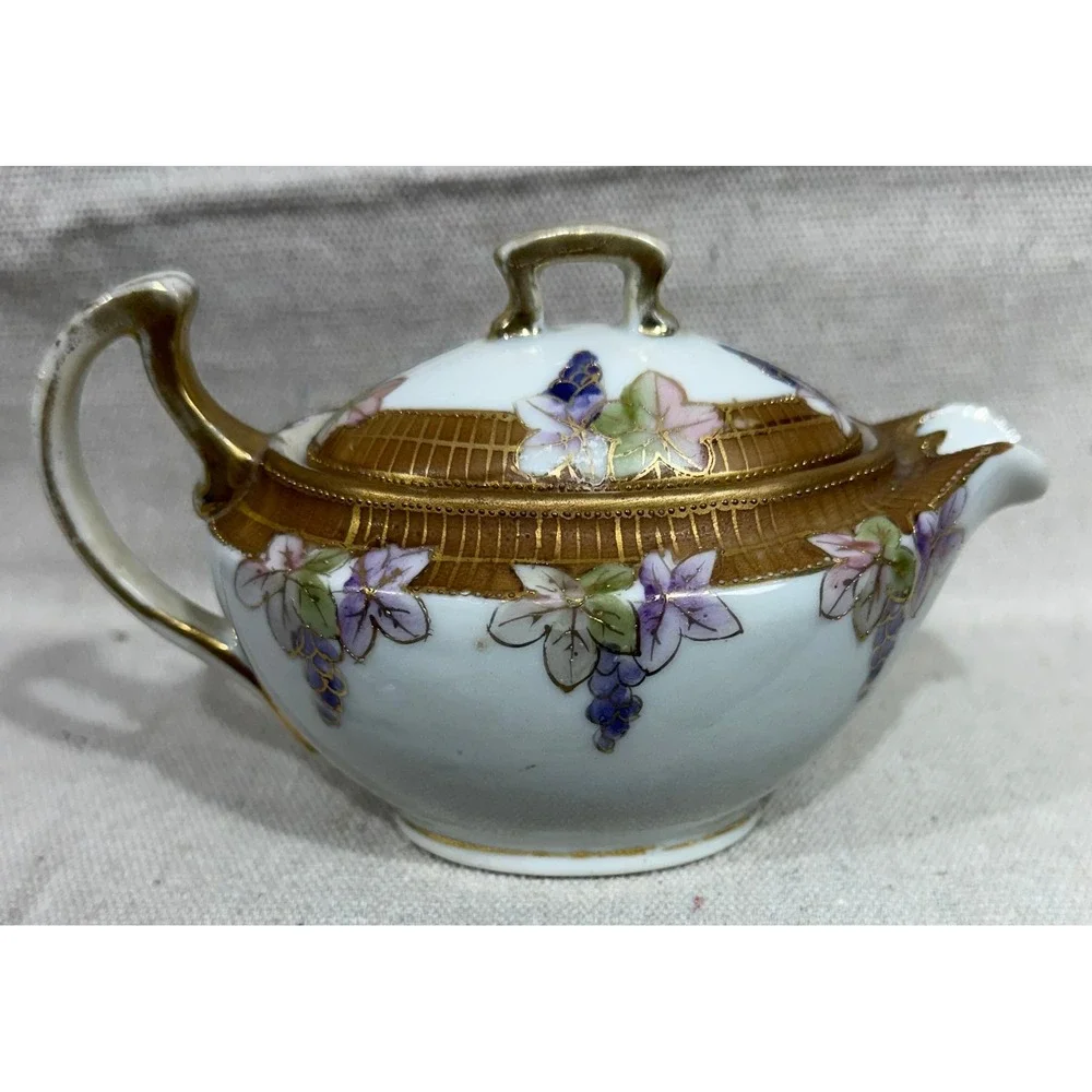 Antique Nippon Hand Painted Wisteria Porcelain Mustard Pot Gold Moriage 1911